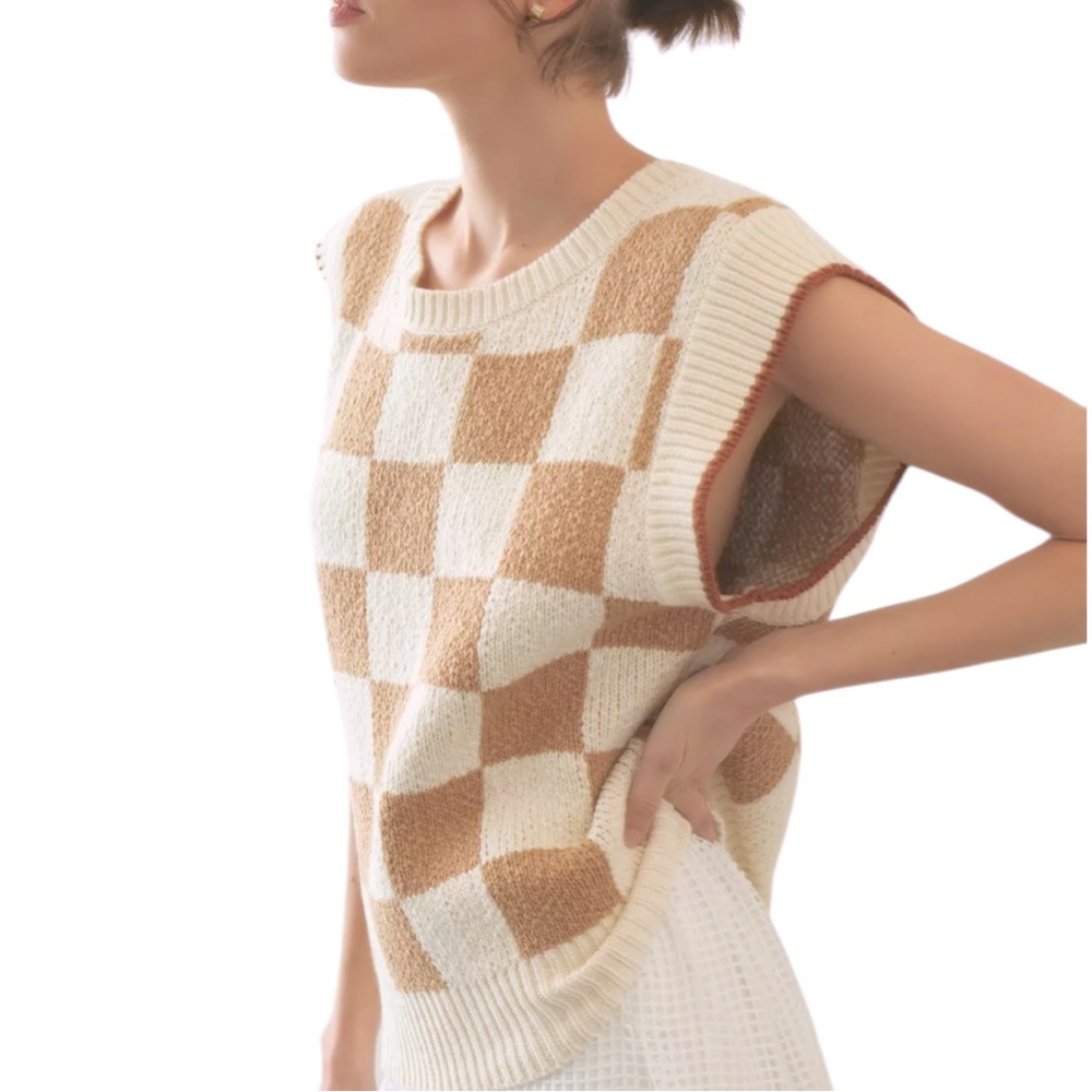 Anthropologie Maeve Checkered Sweater Vest Size Small Oversized Cream Mocha
